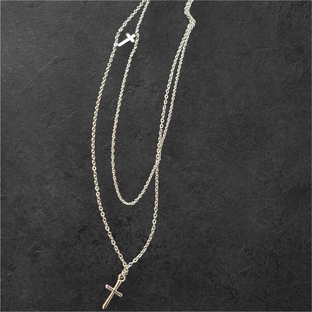 Layered Cross‎ Necklace Silver Tone Chain Pendant Religious Jewelry
